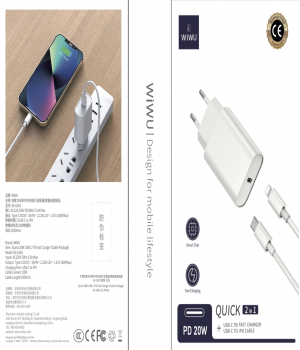 Wiwu 20 PD Fast Charger+ Cable Sets EU Plug+USB C to Lightning Cable, Wi-U001